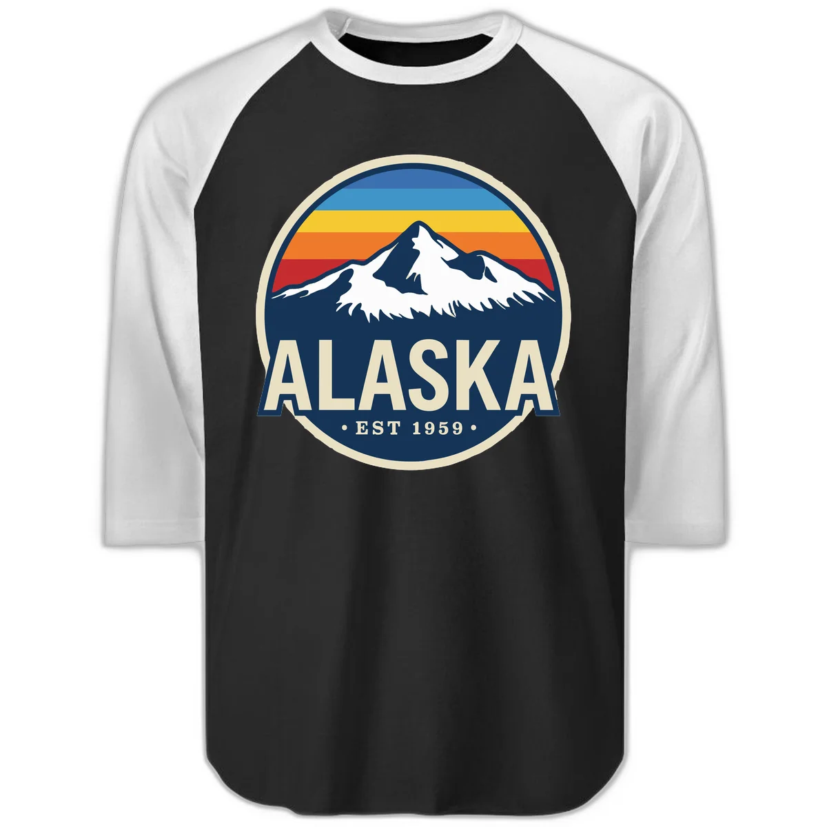 Alaska Mountain Range Retro Sunset Badge Raglan 3/4 in Black White