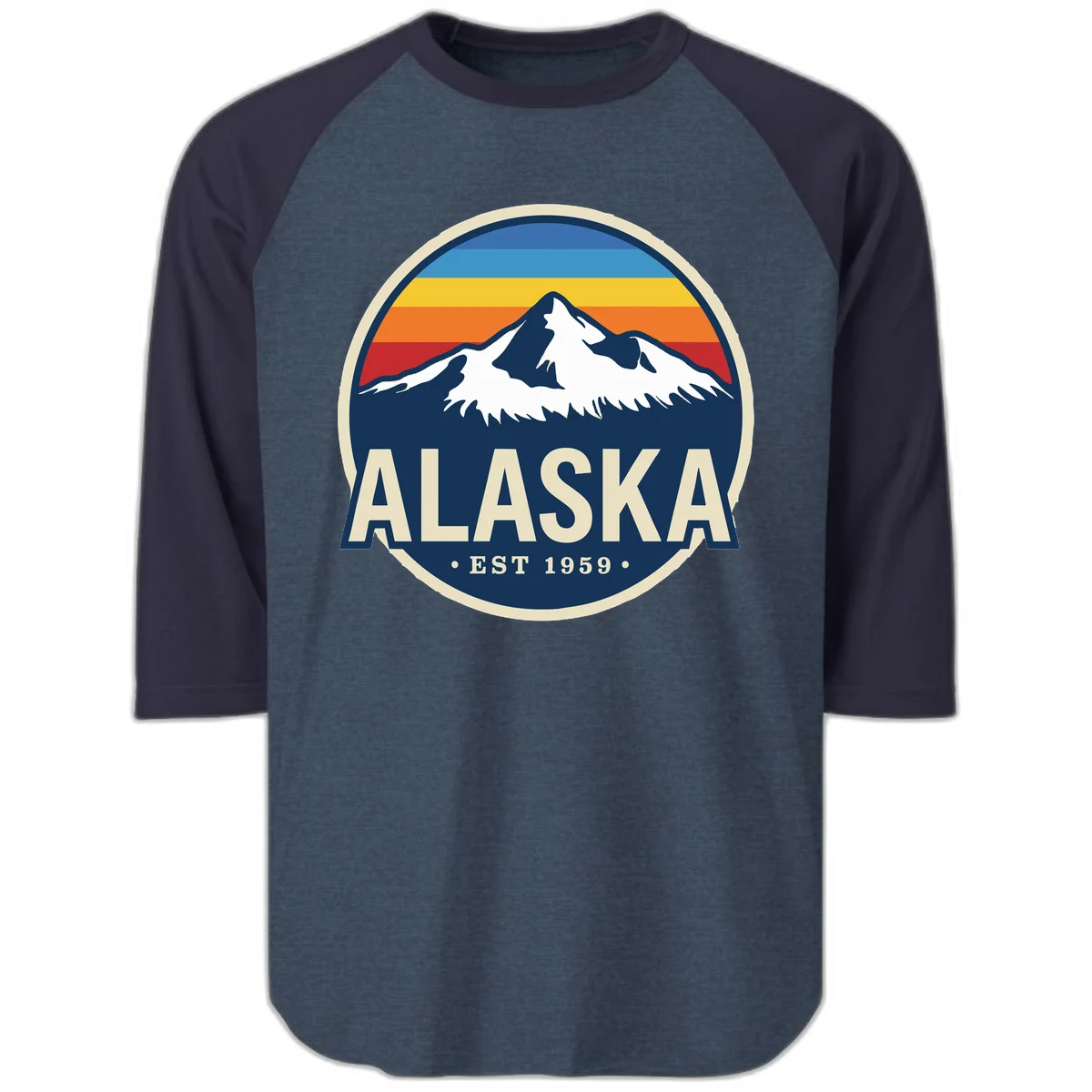 Alaska Mountain Range Retro Sunset Badge Raglan 3/4 in Heather Denim Navy
