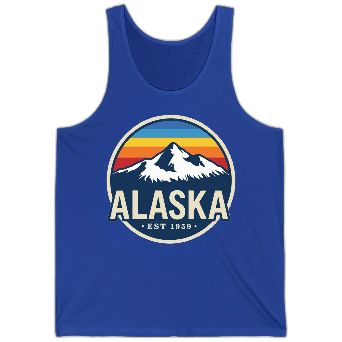 Alaska Mountain Range Retro Sunset Badge Tank in True Royal