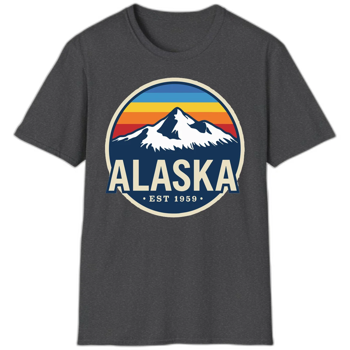 Alaska Mountain Range Retro Sunset Badge T-Shirt in Dark Heather