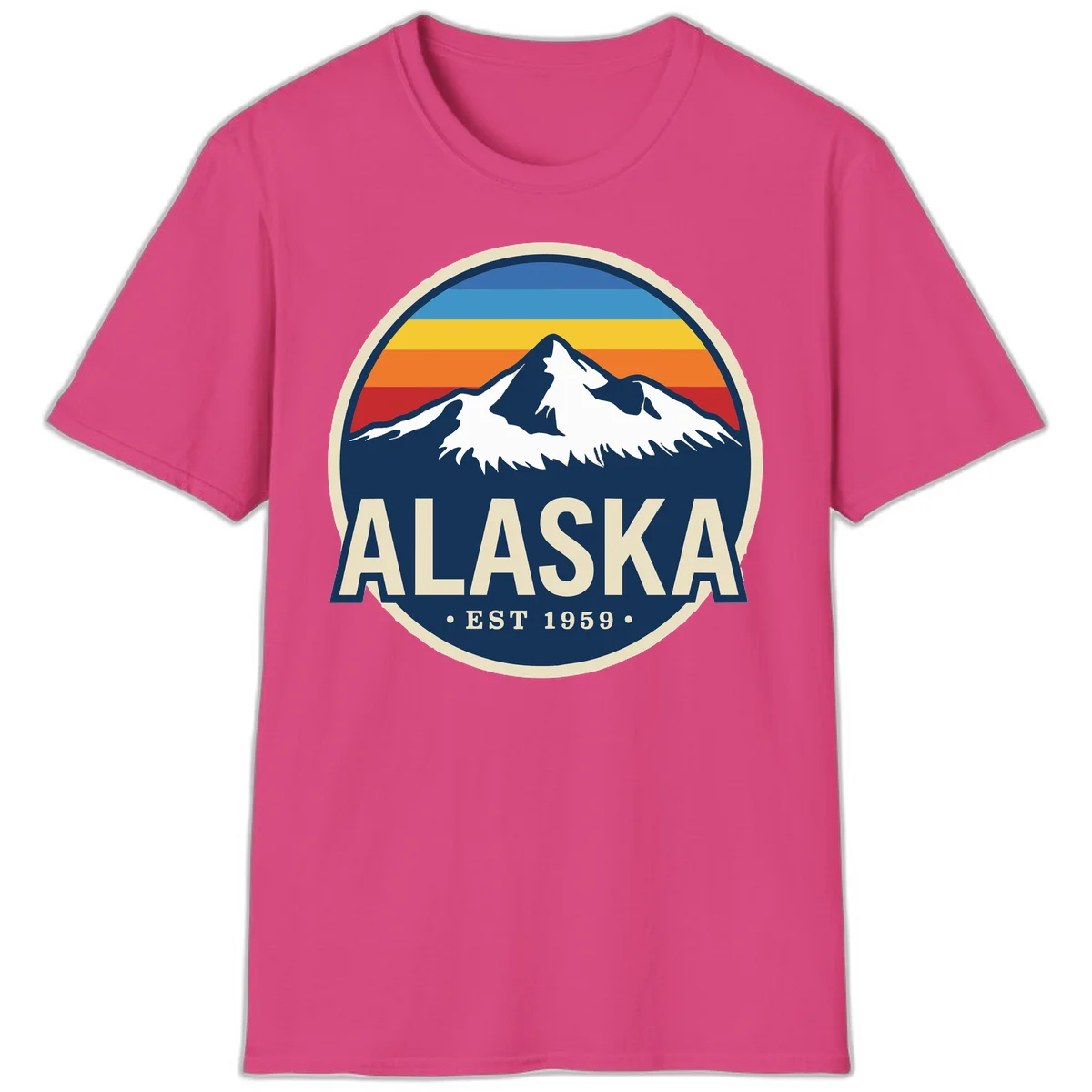 Alaska Mountain Range Retro Sunset Badge T-Shirt in Heliconia