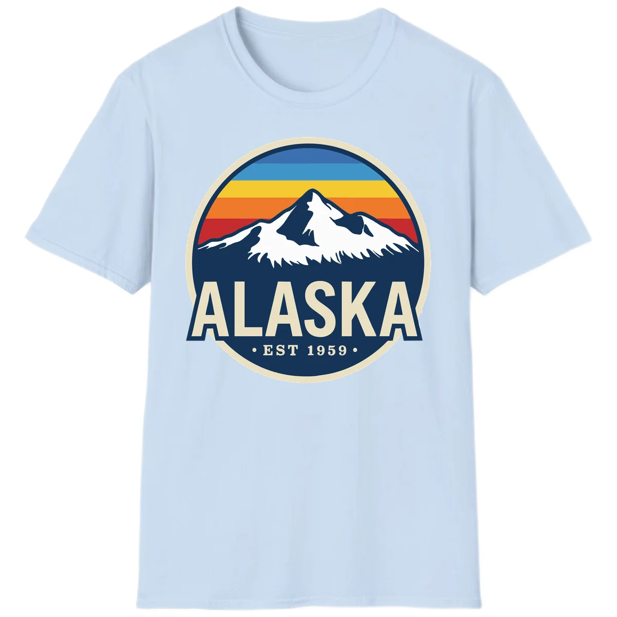 Alaska Mountain Range Retro Sunset Badge T-Shirt in Light Blue