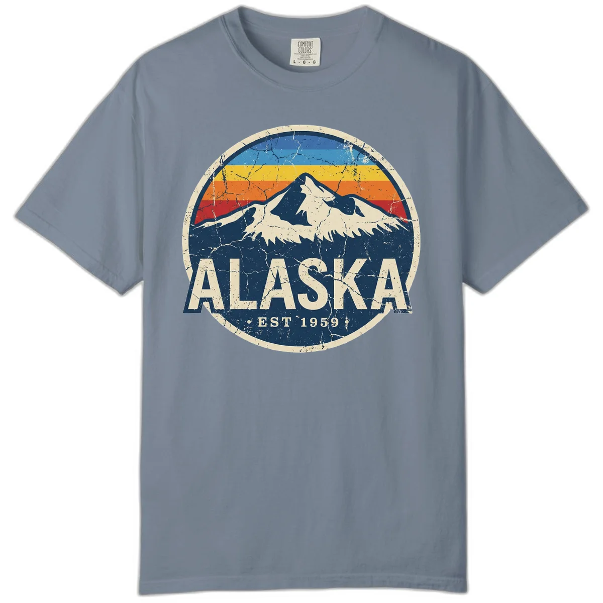 Alaska Mountain Sunset Est. 1959 Vintage Cruise Comfort Color T-Shirt in Blue Jean