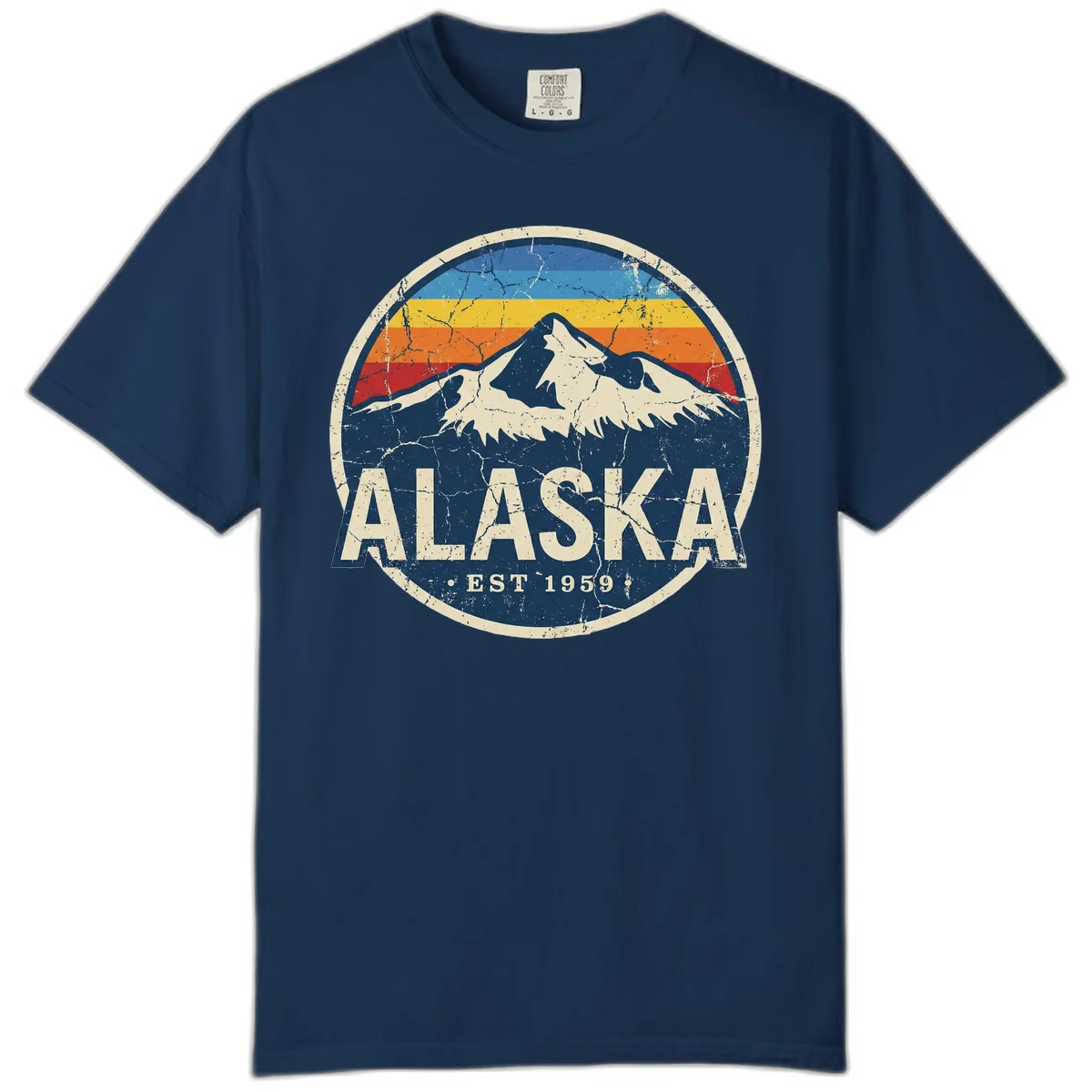 Alaska Mountain Sunset Est. 1959 Vintage Cruise Comfort Color T-Shirt in Navy