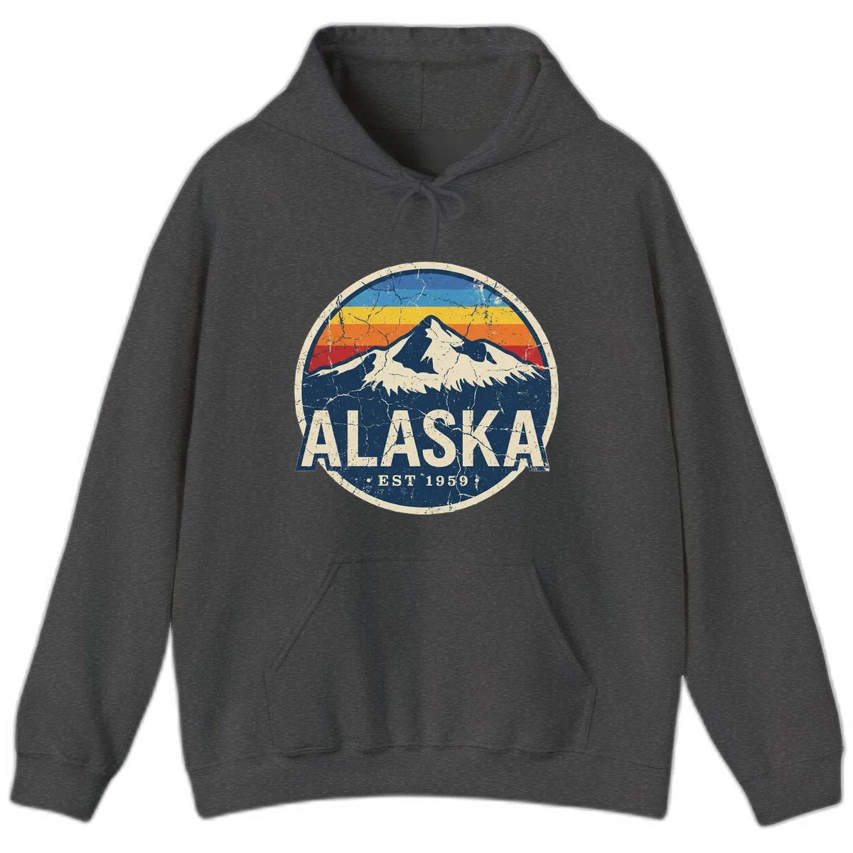 Alaska Mountain Sunset Est. 1959 Vintage Cruise Hoodie in Dark Heather