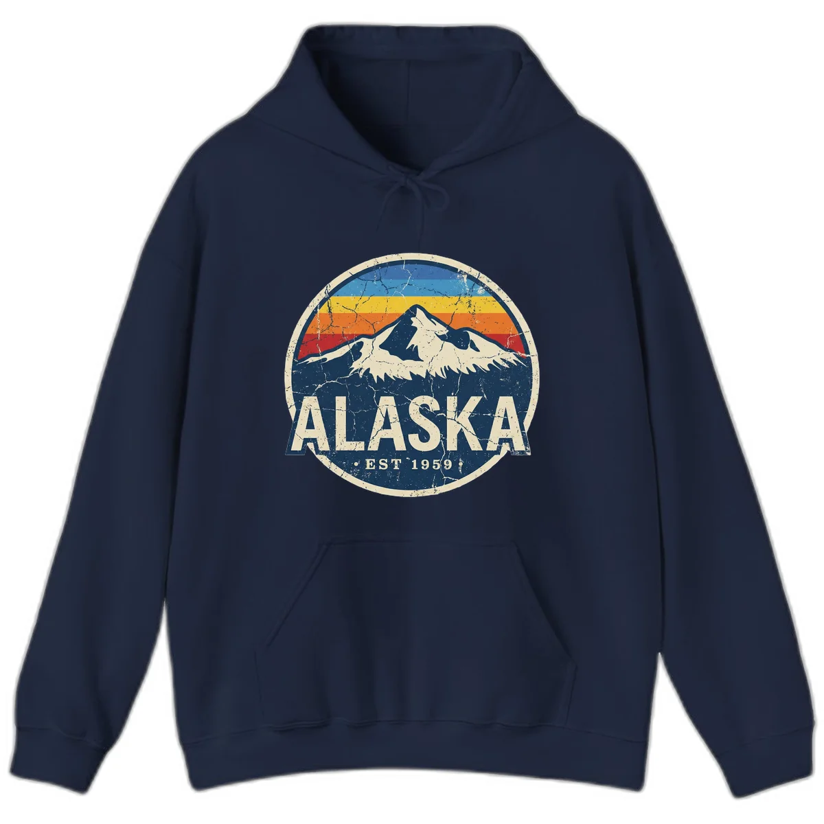 Alaska Mountain Sunset Est. 1959 Vintage Cruise Hoodie in Navy
