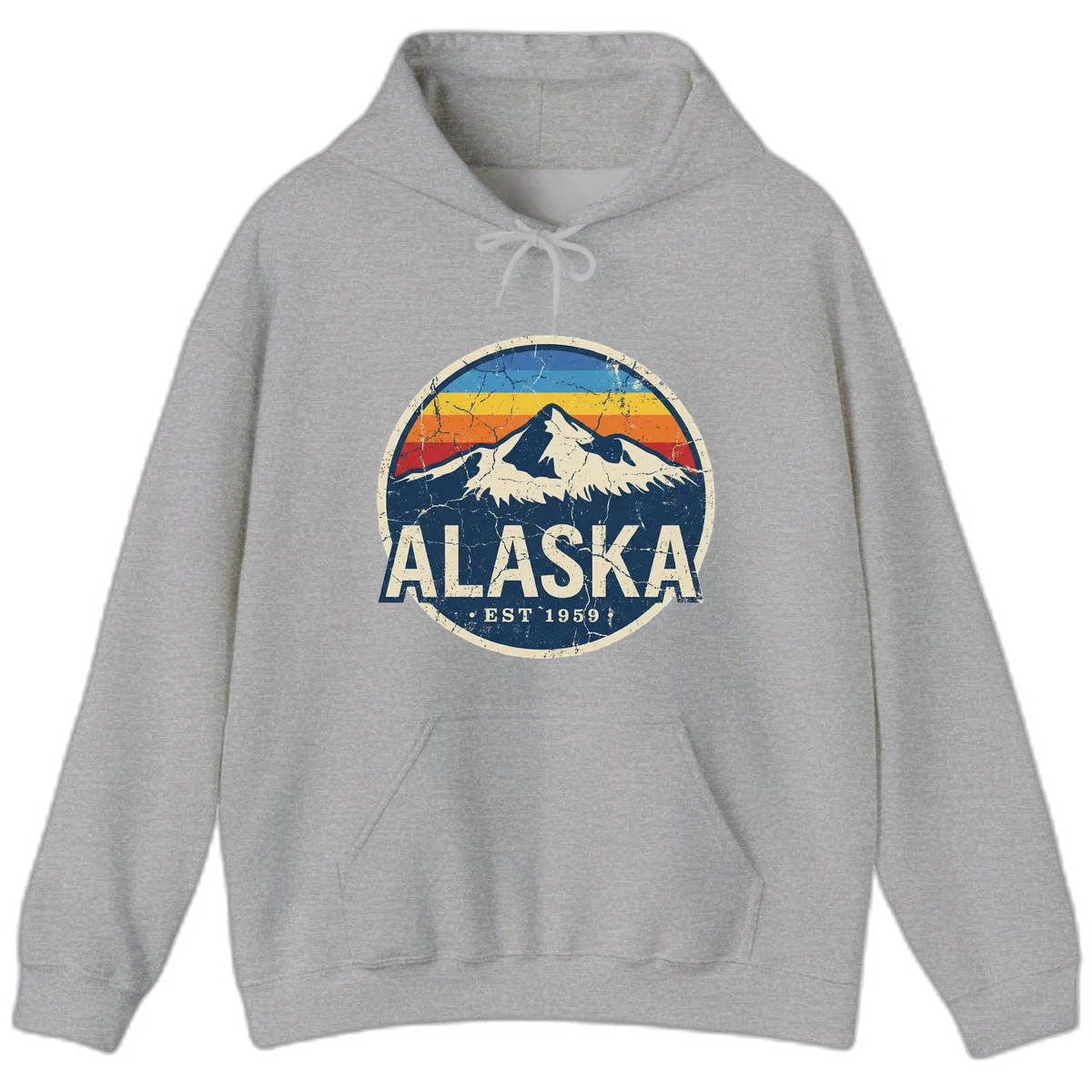 Alaska Mountain Sunset Est. 1959 Vintage Cruise Hoodie in Sport Grey