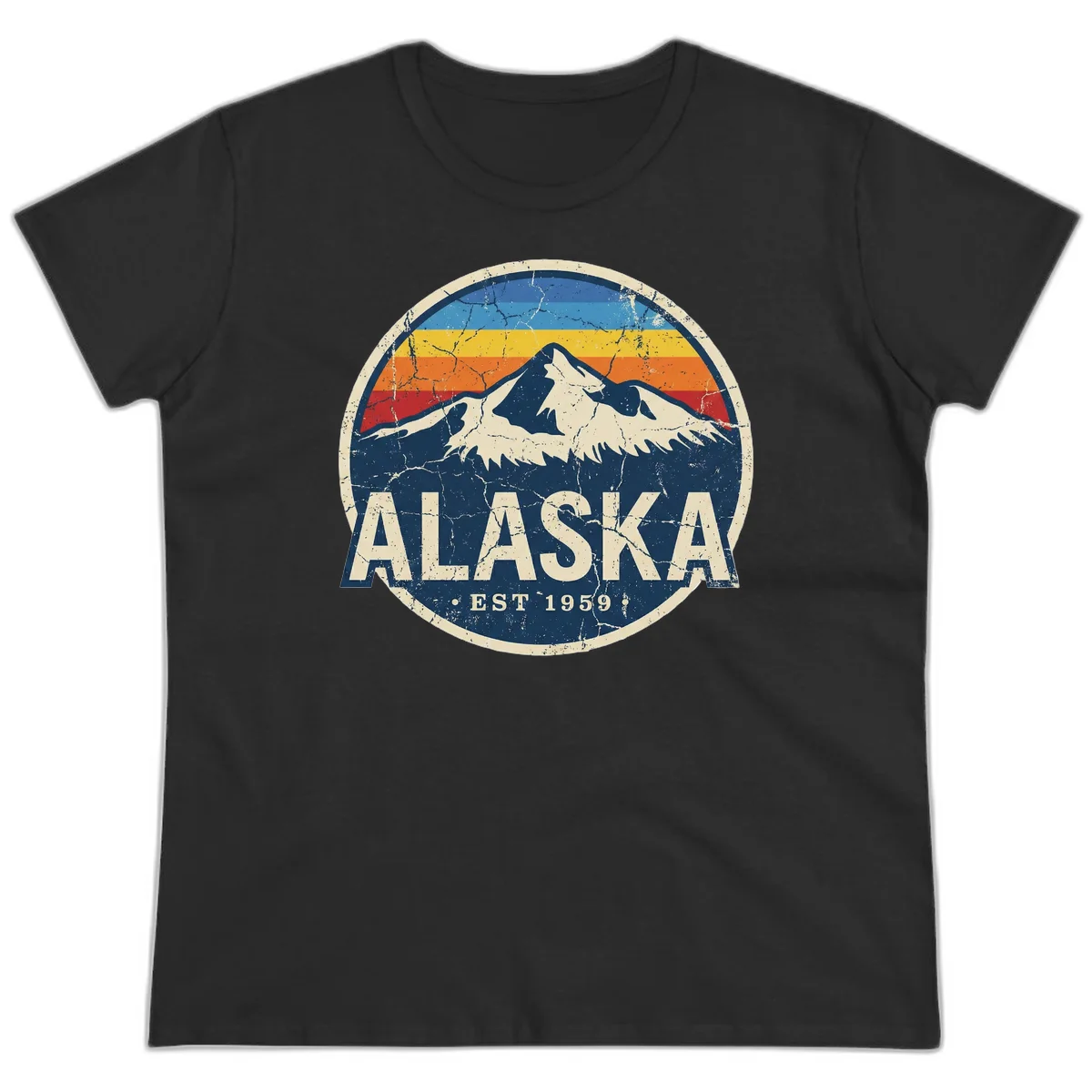 Alaska Mountain Sunset Est. 1959 Vintage Cruise Ladies Tee in Black