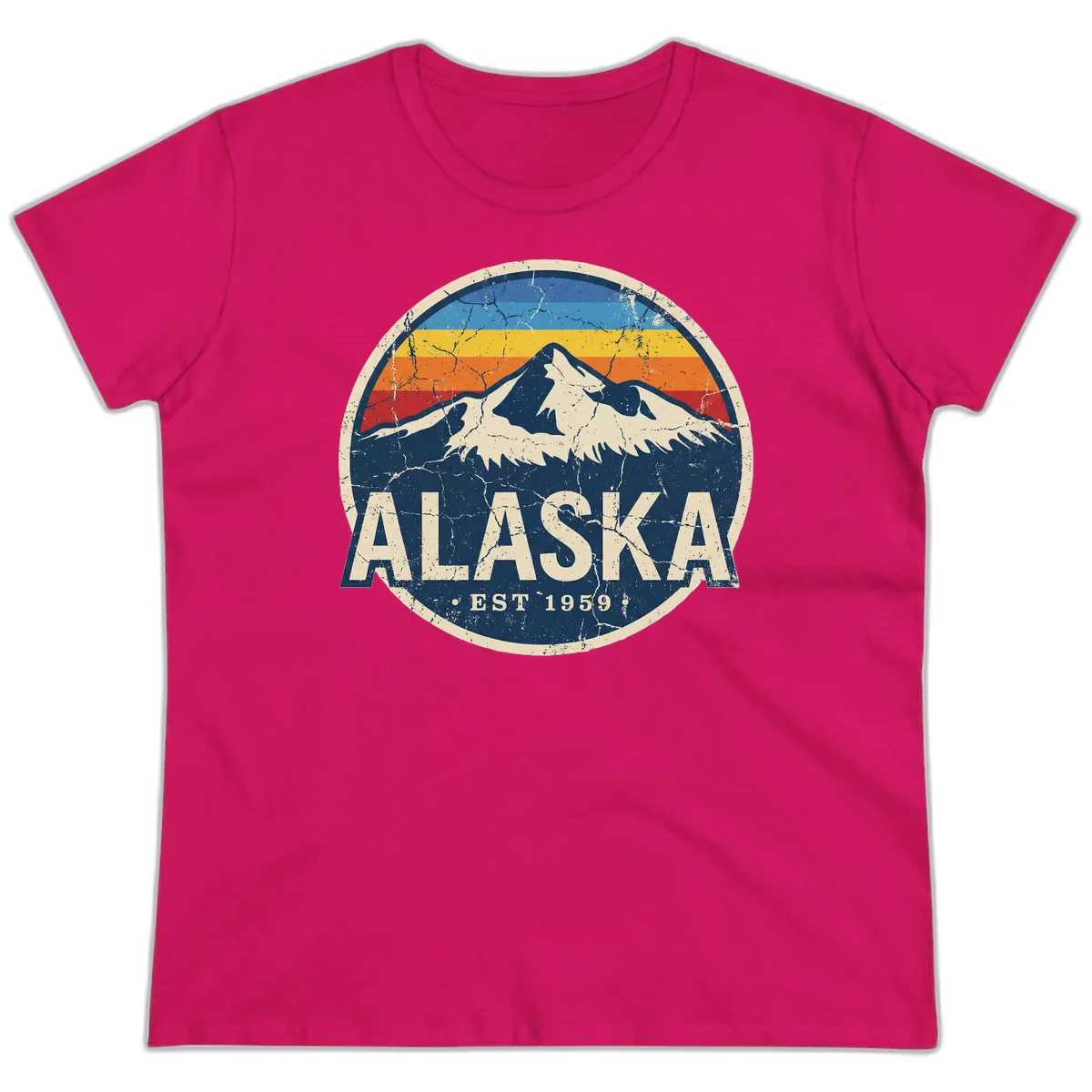 Alaska Mountain Sunset Est. 1959 Vintage Cruise Ladies Tee in Heliconia