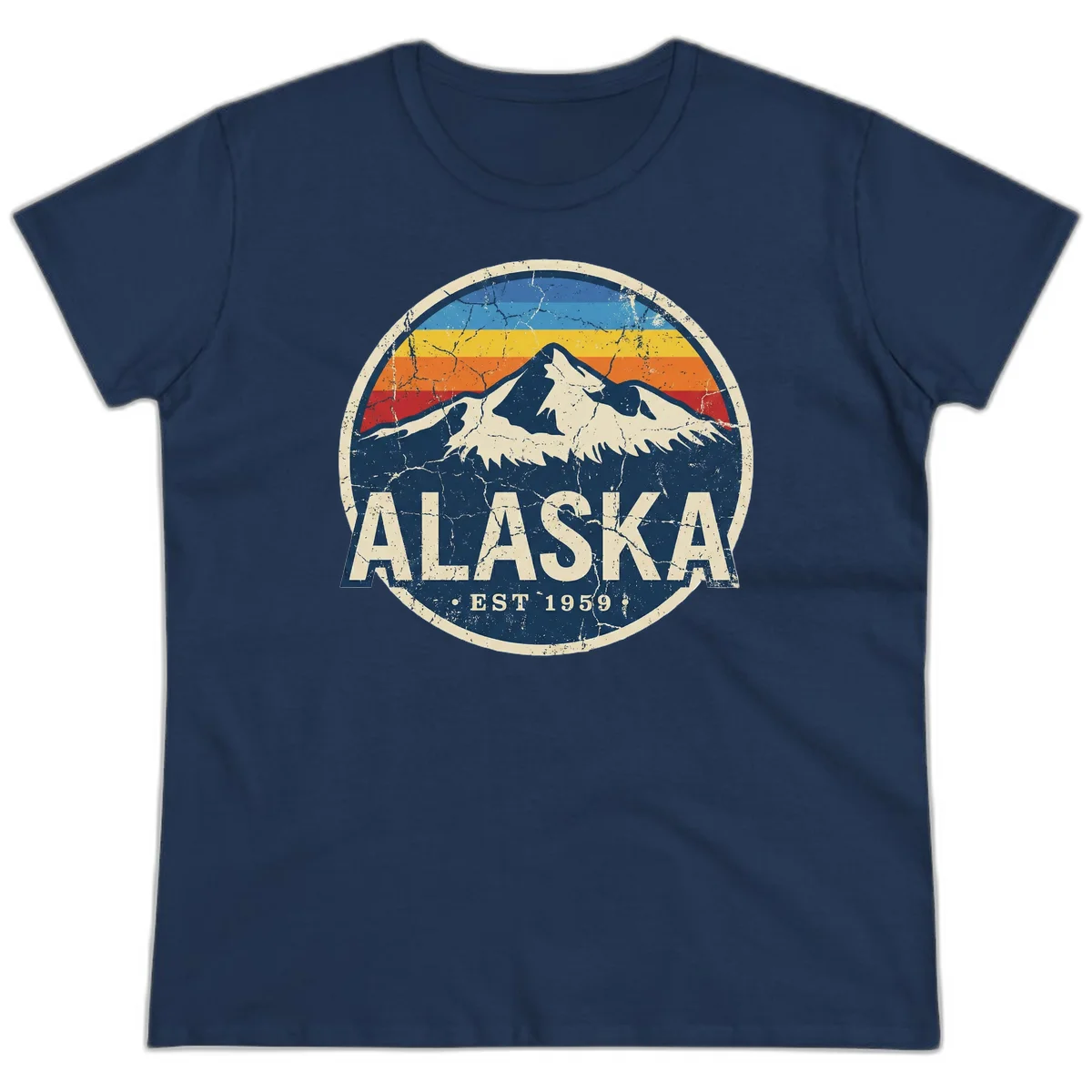 Alaska Mountain Sunset Est. 1959 Vintage Cruise Ladies Tee in Navy