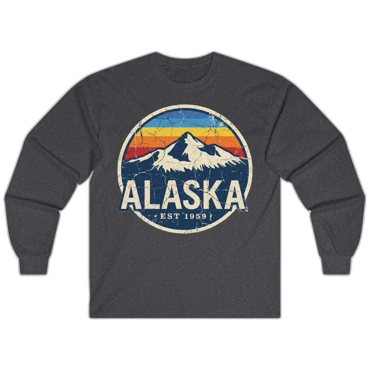 Alaska Mountain Sunset Est. 1959 Vintage Cruise Long Sleeve in Dark Heather