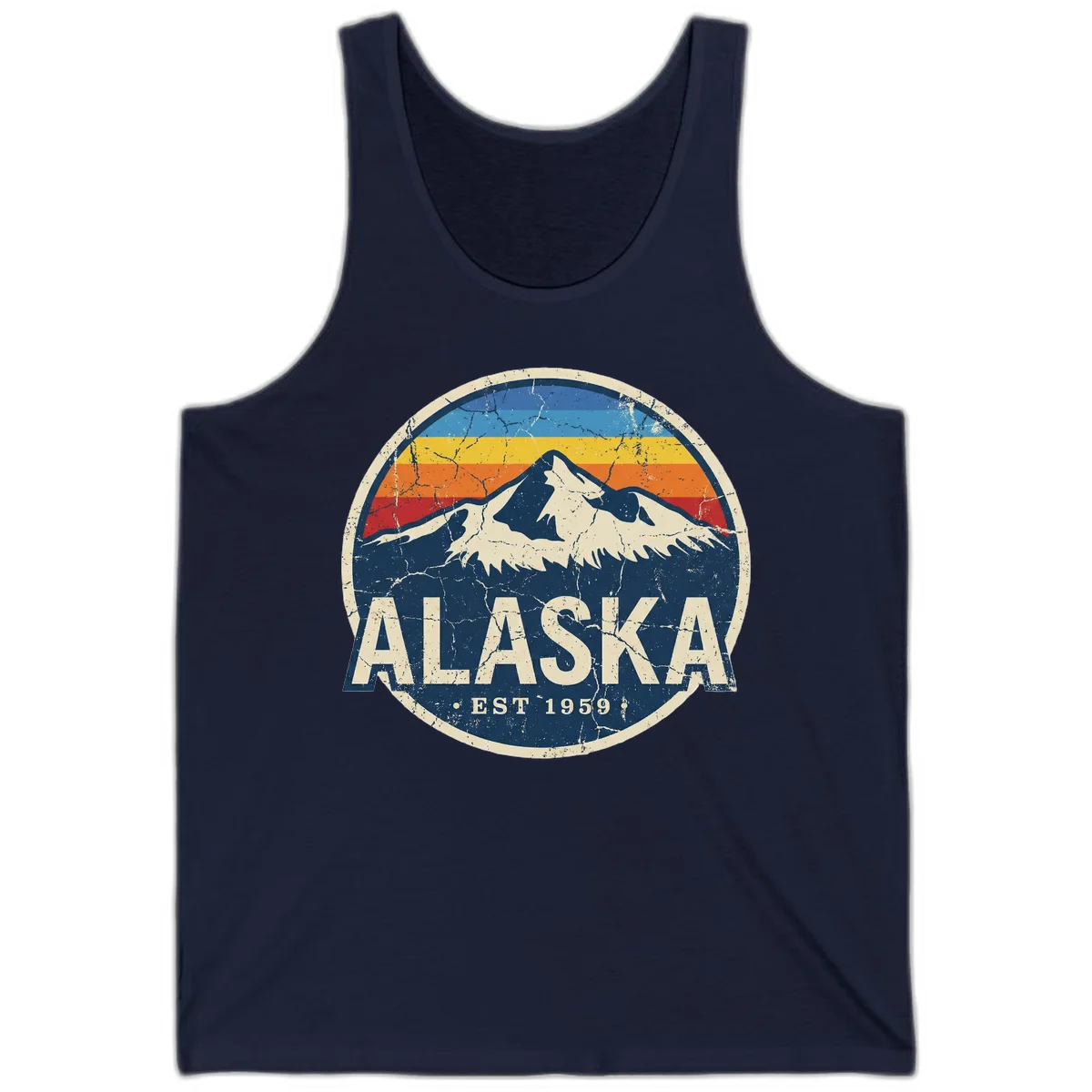Alaska Mountain Sunset Est. 1959 Vintage Cruise Tank Top in Navy