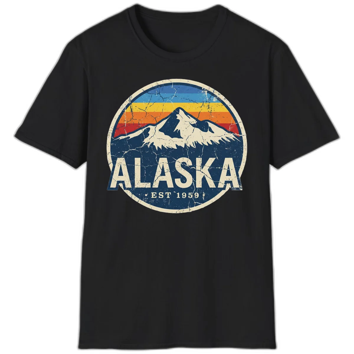 Alaska Mountain Sunset Est. 1959 Vintage Cruise Vibe T-Shirt in Black