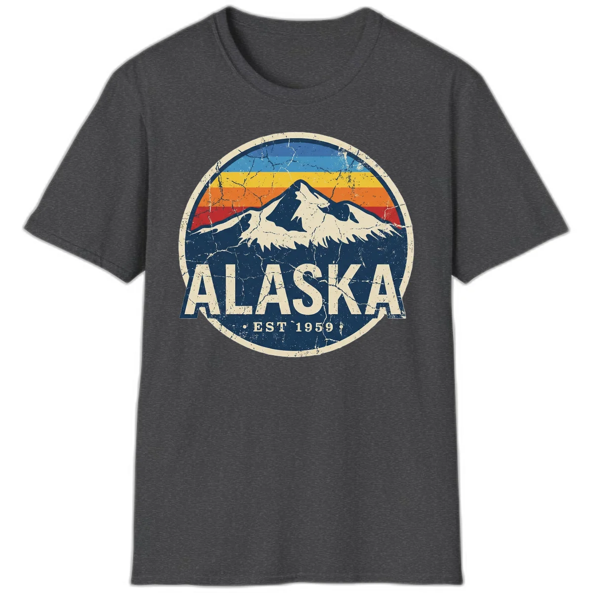 Alaska Mountain Sunset Est. 1959 Vintage Cruise Vibe T-Shirt in Dark Heather