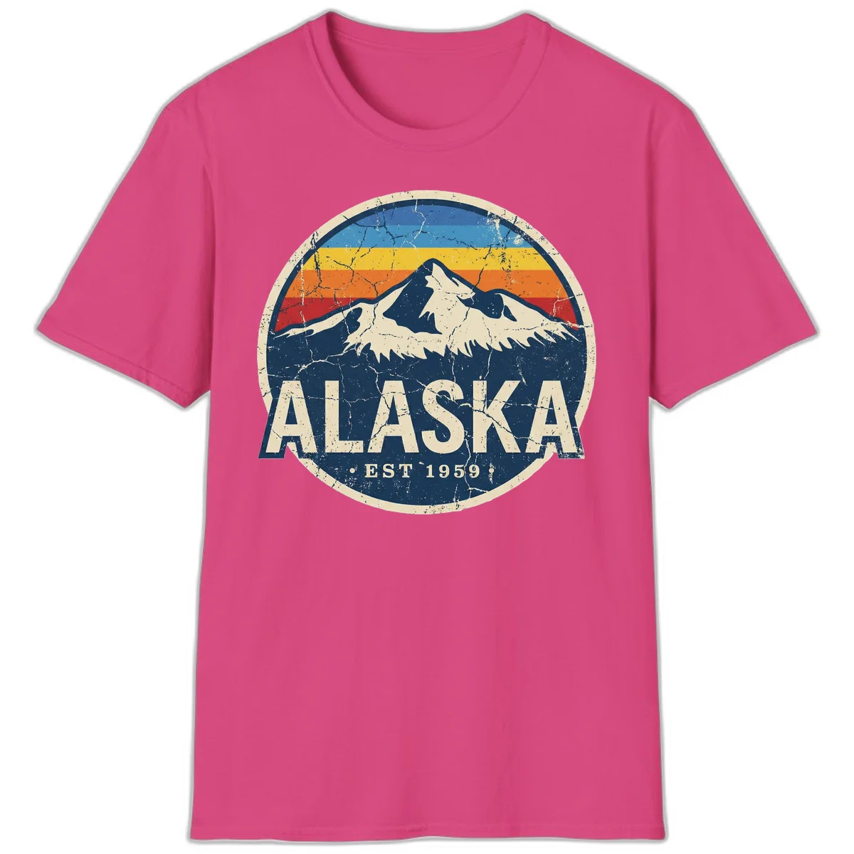 Alaska Mountain Sunset Est. 1959 Vintage Cruise Vibe T-Shirt in Heliconia