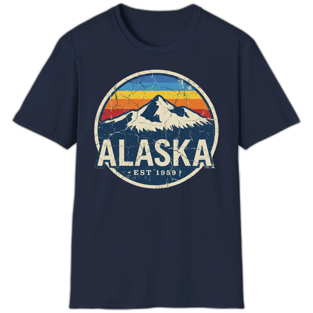 Alaska Mountain Sunset Est. 1959 Vintage Cruise Vibe T-Shirt in Navy