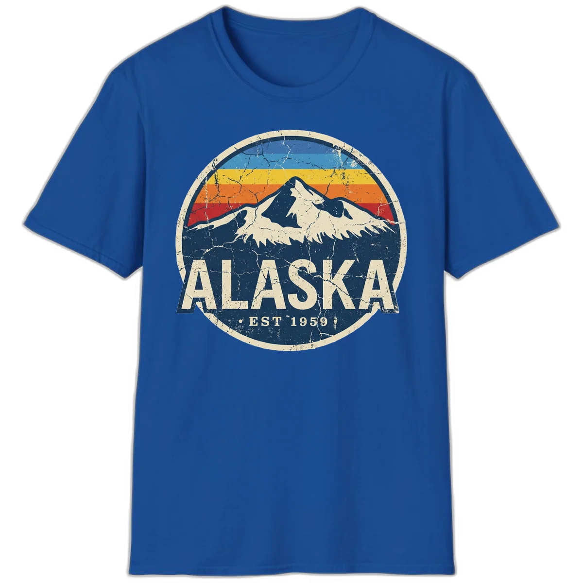 Alaska Mountain Sunset Est. 1959 Vintage Cruise Vibe T-Shirt in Royal