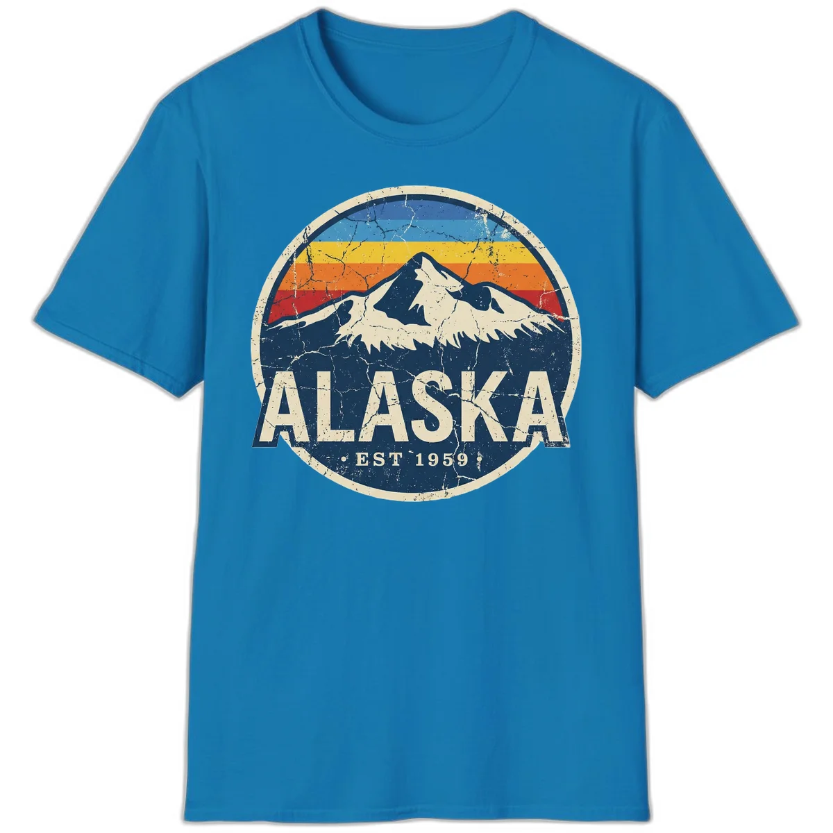 Alaska Mountain Sunset Est. 1959 Vintage Cruise Vibe T-Shirt in Sapphire