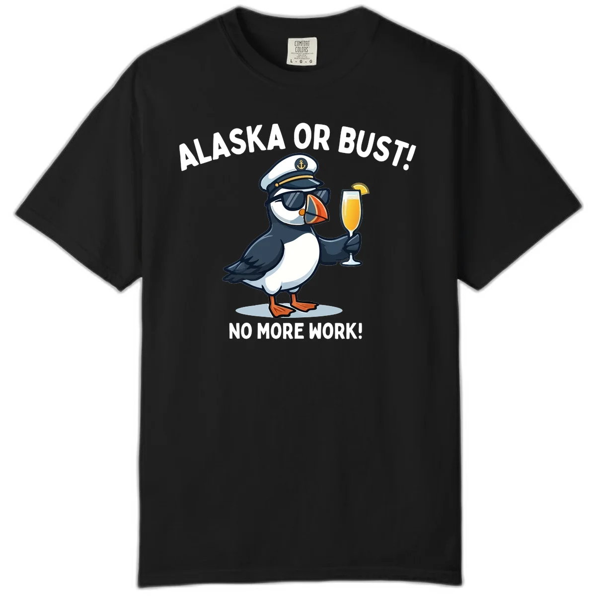 Alaska or Bust Captain Puffin Cruise Fun Comfort Color Tee in Black