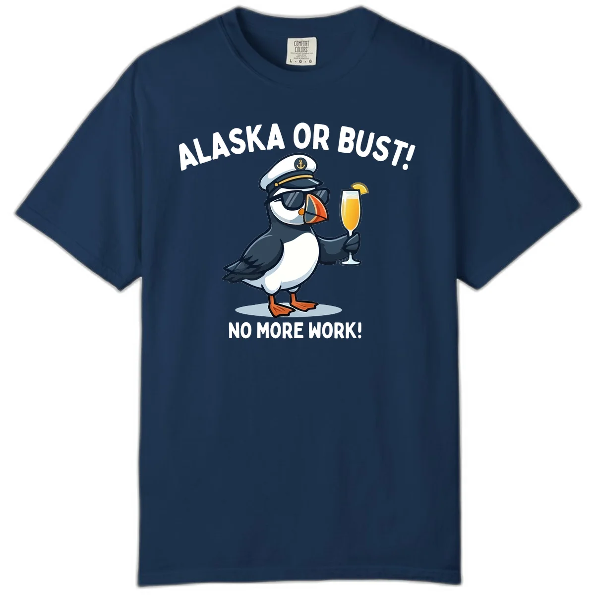 Alaska or Bust Captain Puffin Cruise Fun Comfort Color Tee in Navy