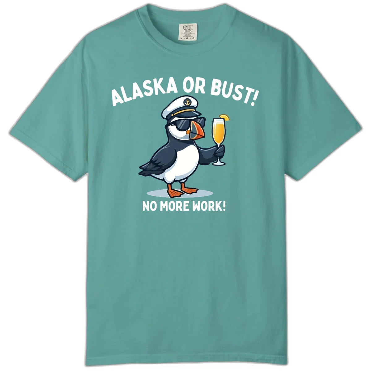 Alaska or Bust Captain Puffin Cruise Fun Comfort Color Tee in Seafoam