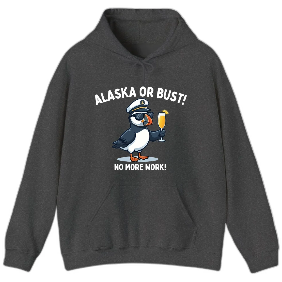 Alaska or Bust Captain Puffin Cruise Fun Hoodie in Dark Heather