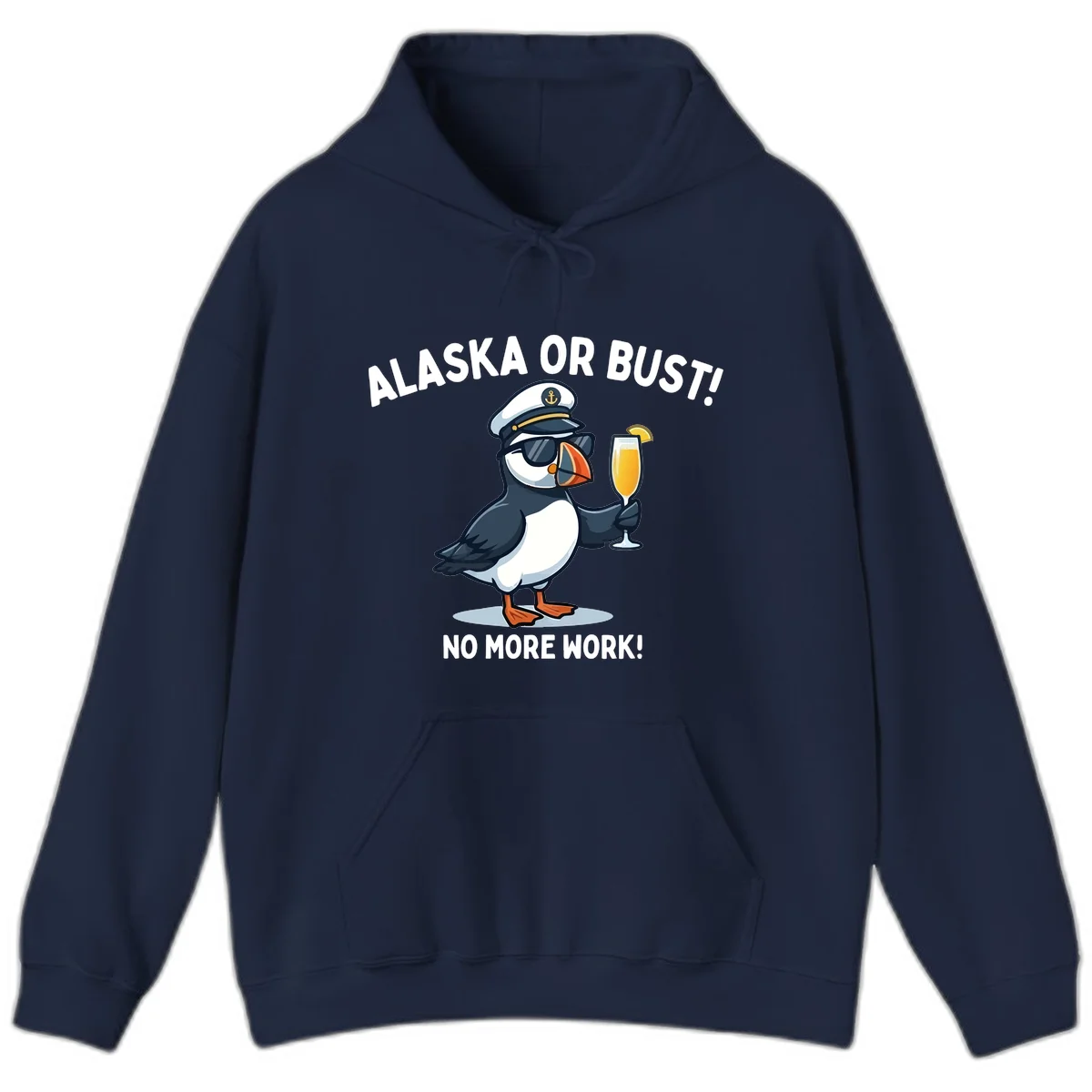 Alaska or Bust Captain Puffin Cruise Fun Hoodie in Navy