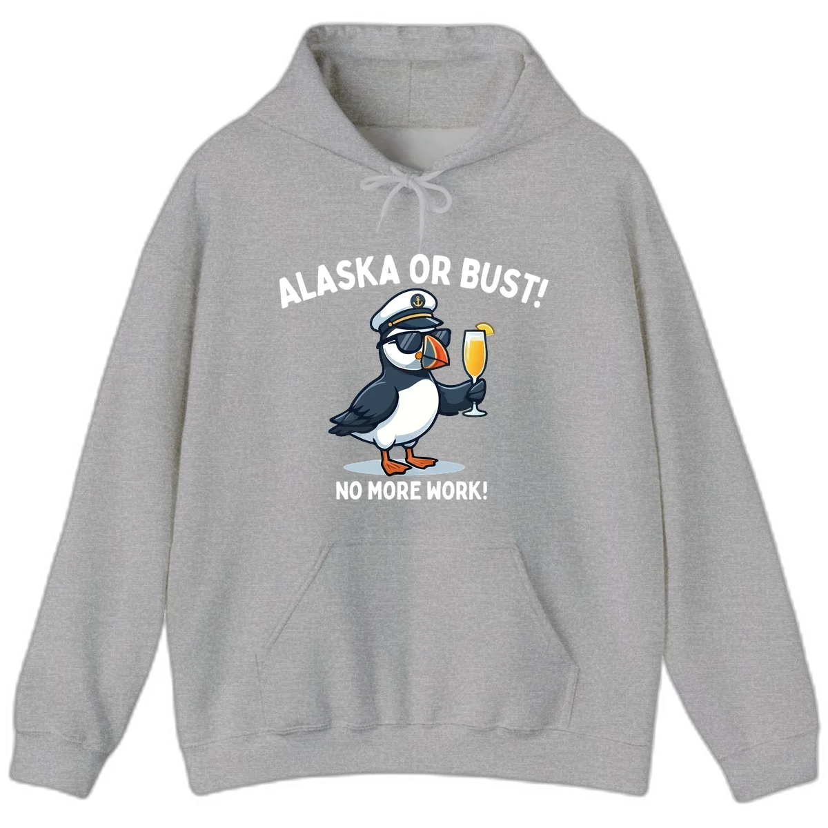 Alaska or Bust Captain Puffin Cruise Fun Hoodie in Sport Grey
