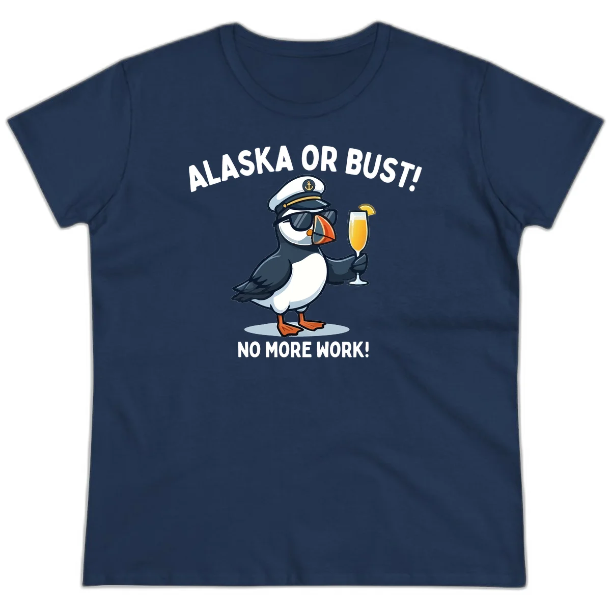 Alaska or Bust Captain Puffin Cruise Fun Ladies Tee in Navy