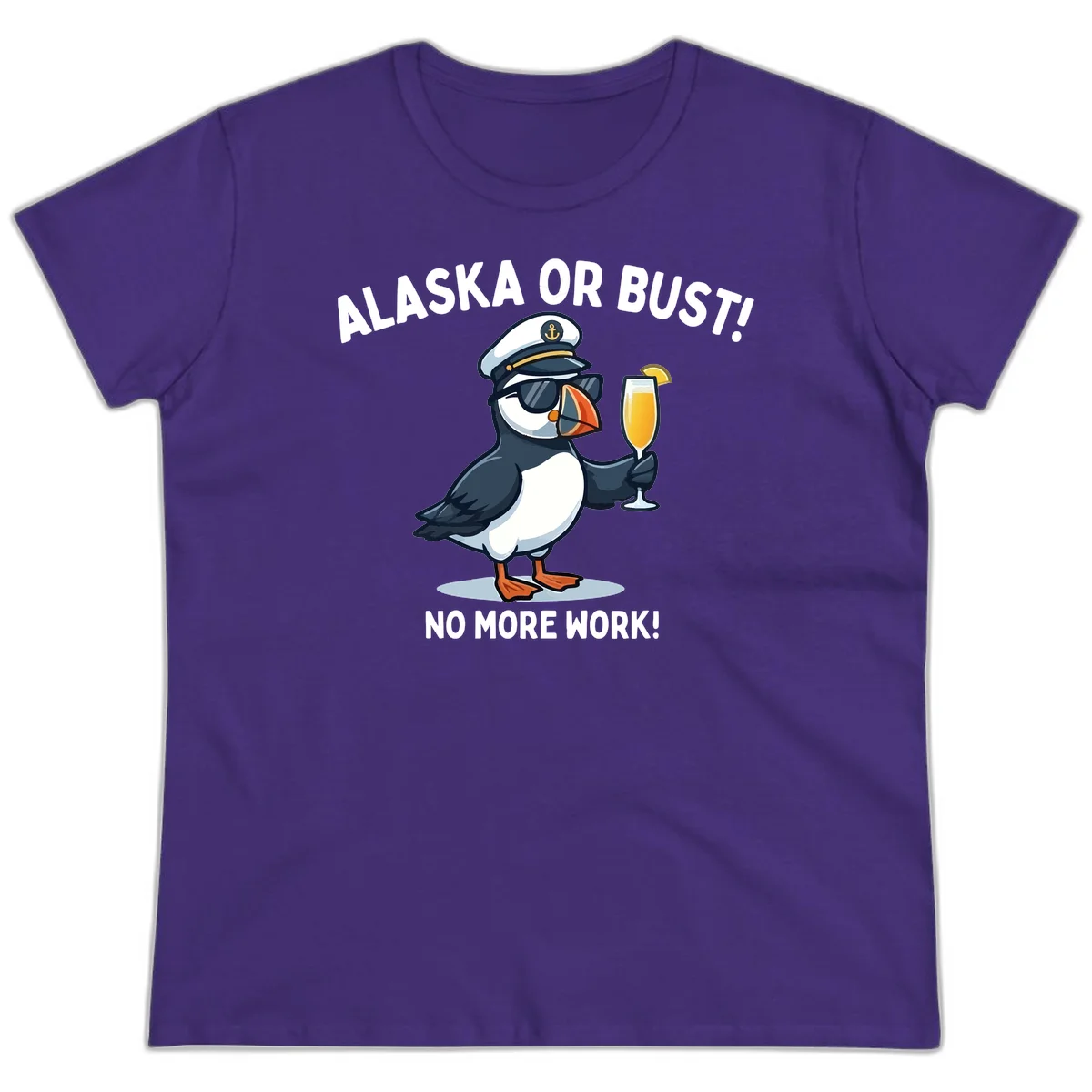 Alaska or Bust Captain Puffin Cruise Fun Ladies Tee in Purple