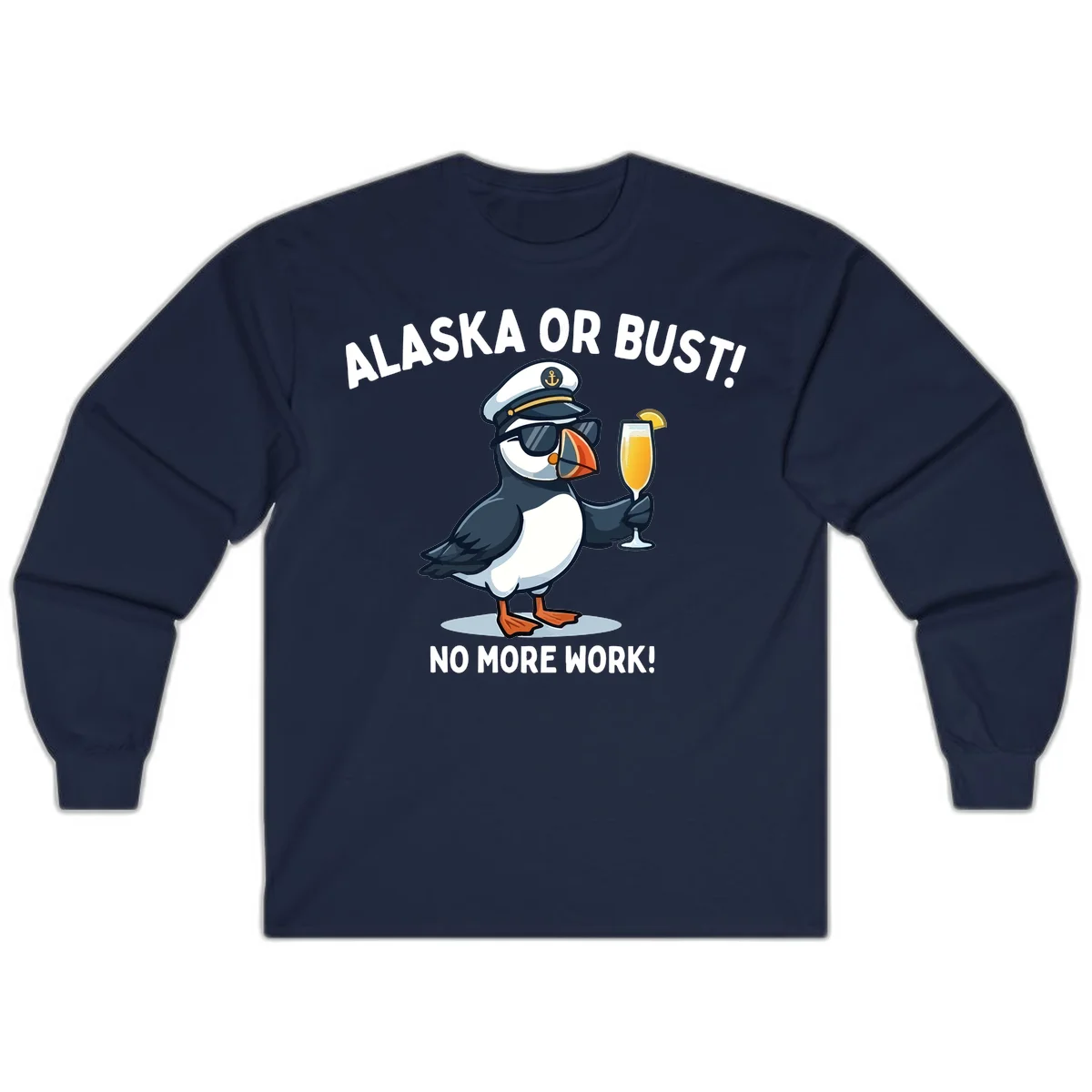 Alaska or Bust Captain Puffin Cruise Fun Long Sleeve Tee in Navy