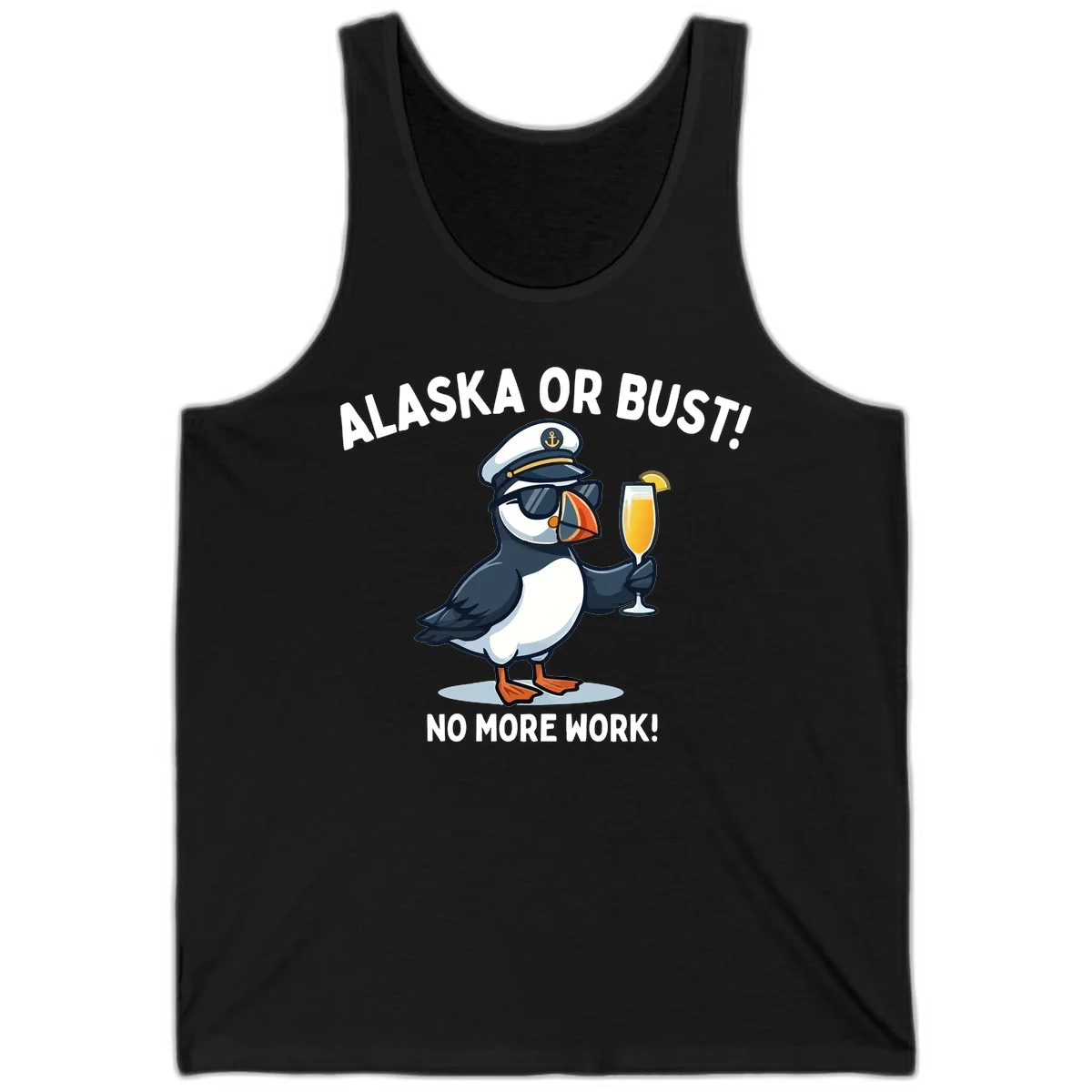 Alaska or Bust Captain Puffin Cruise Fun Tank Top in Black