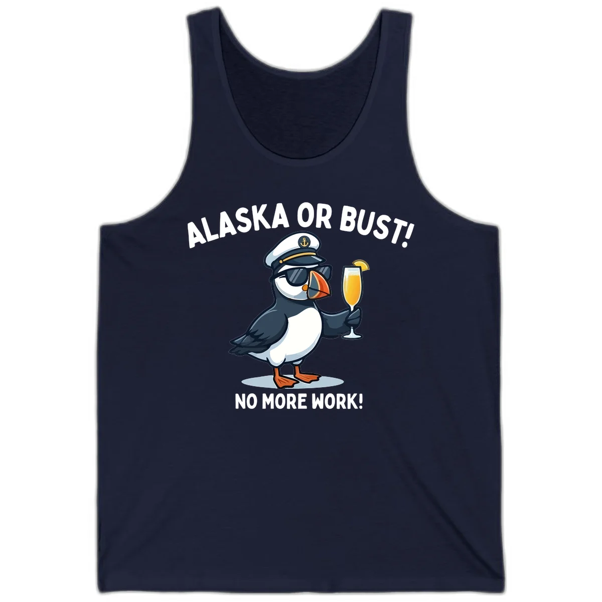 Alaska or Bust Captain Puffin Cruise Fun Tank Top in Navy