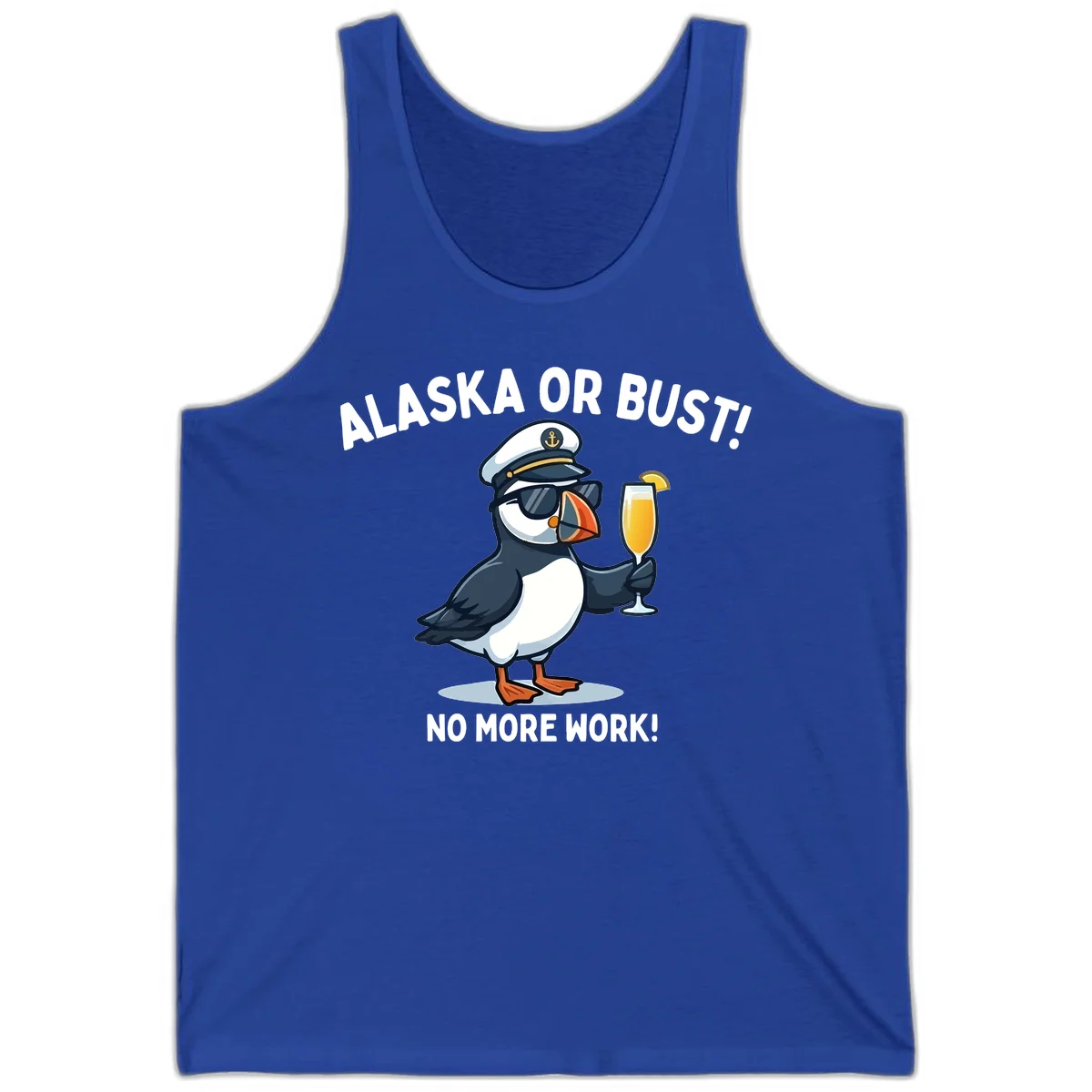 Alaska or Bust Captain Puffin Cruise Fun Tank Top in True Royal