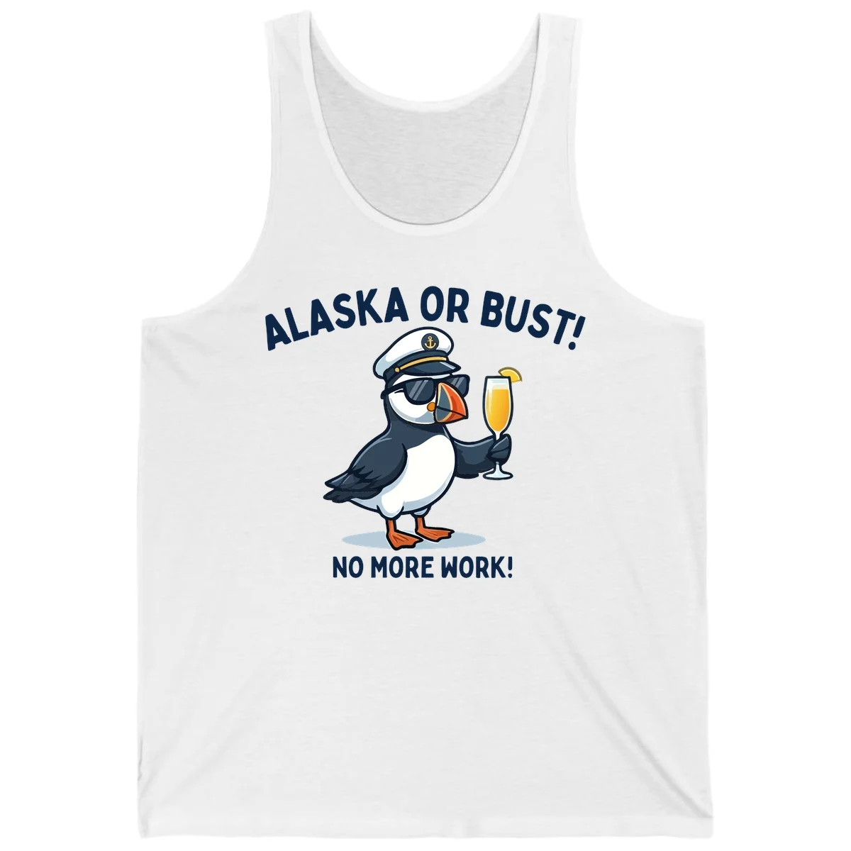 Alaska or Bust Captain Puffin Cruise Fun Tank Top in White