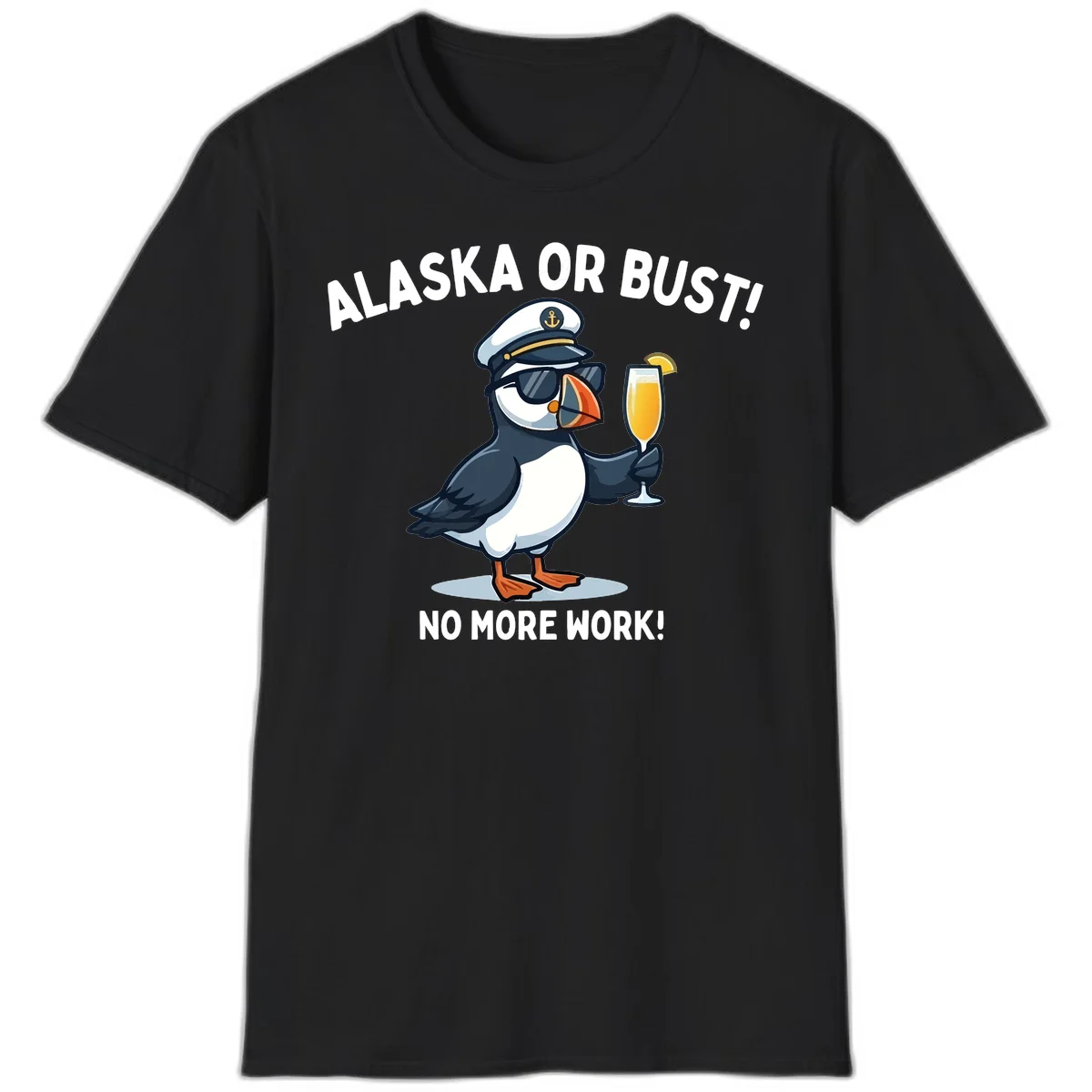 Alaska or Bust Captain Puffin Cruise Fun T-Shirt in Black