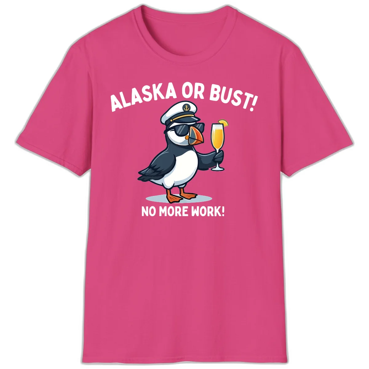 Alaska or Bust Captain Puffin Cruise Fun T-Shirt in Heliconia