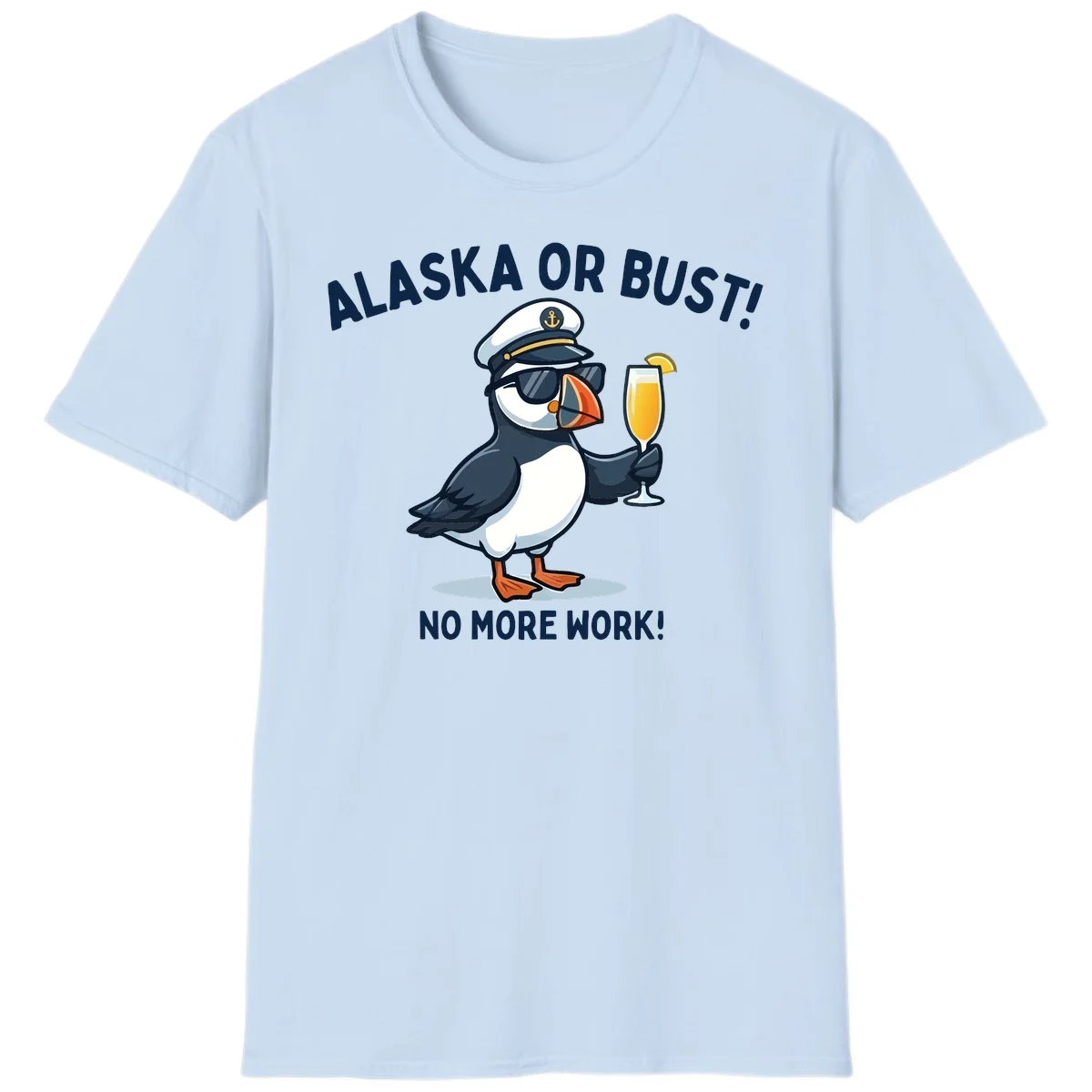 Alaska or Bust Captain Puffin Cruise Fun T-Shirt in Light Blue