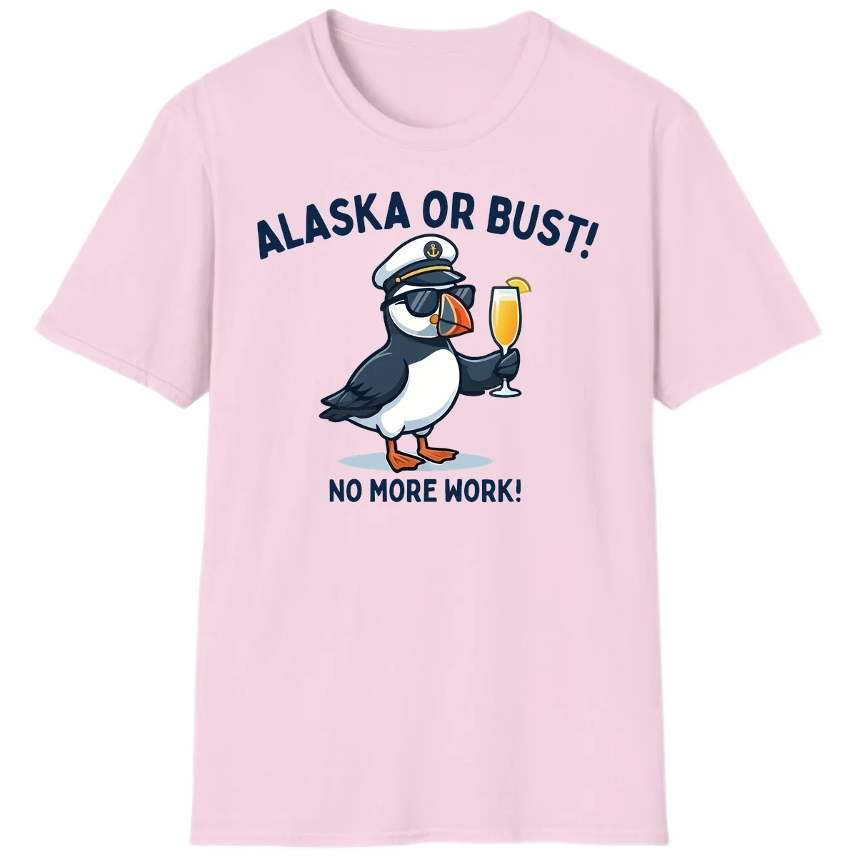Alaska or Bust Captain Puffin Cruise Fun T-Shirt in Light Pink