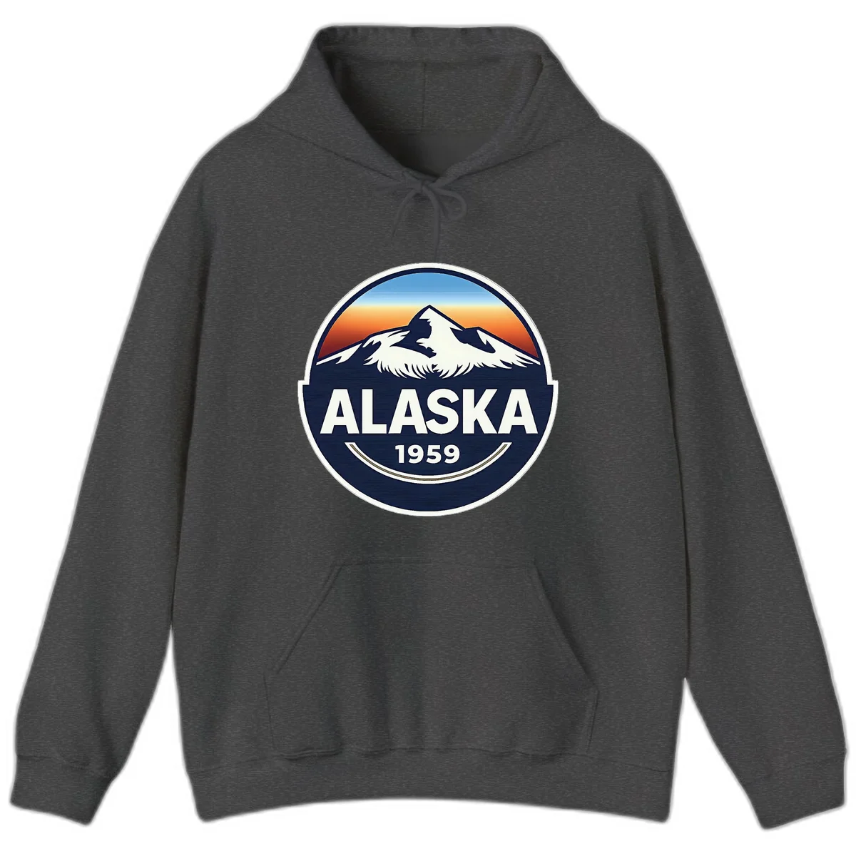 Alaska 1959 Mountain and Eagle Horizon Badge Hoodie in Dark Heather