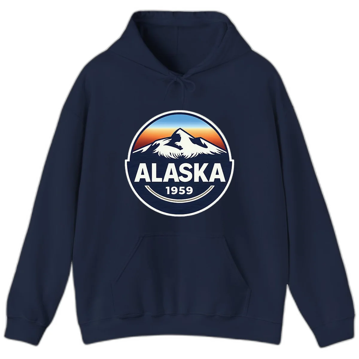 Alaska 1959 Mountain and Eagle Horizon Badge Hoodie in Navy