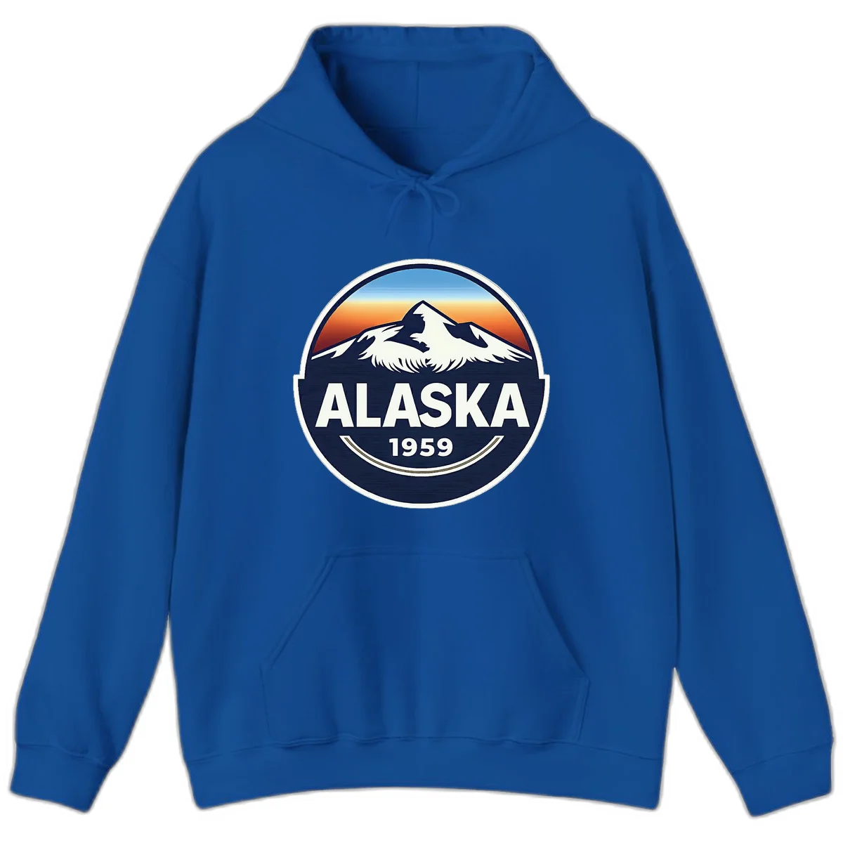 Alaska 1959 Mountain and Eagle Horizon Badge Hoodie in Royal
