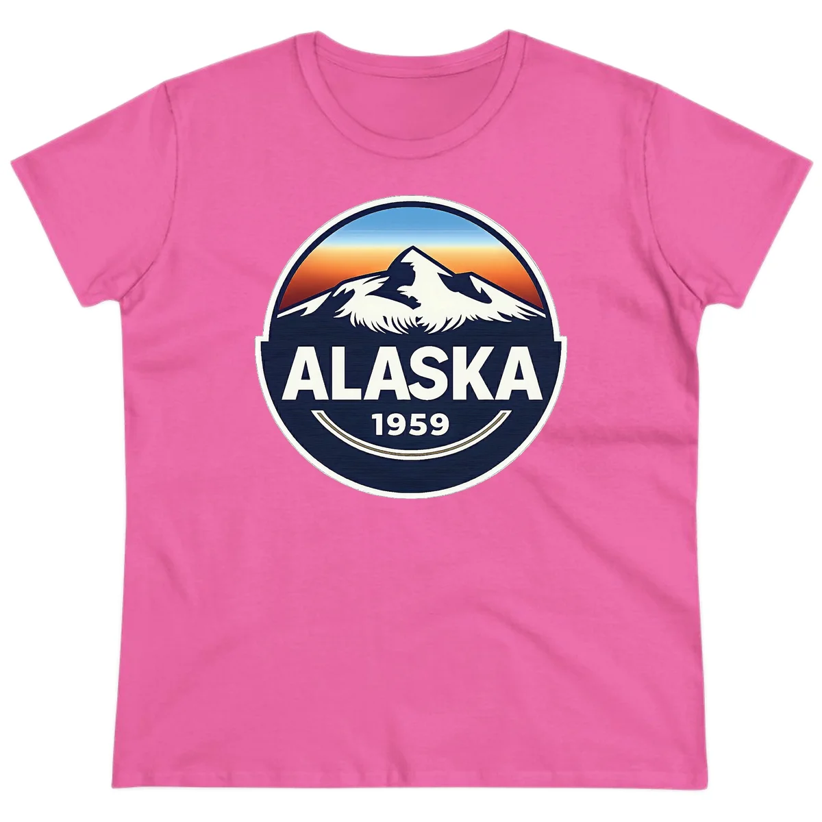 Alaska 1959 Mountain and Eagle Horizon Badge Ladies Tee in Azalea