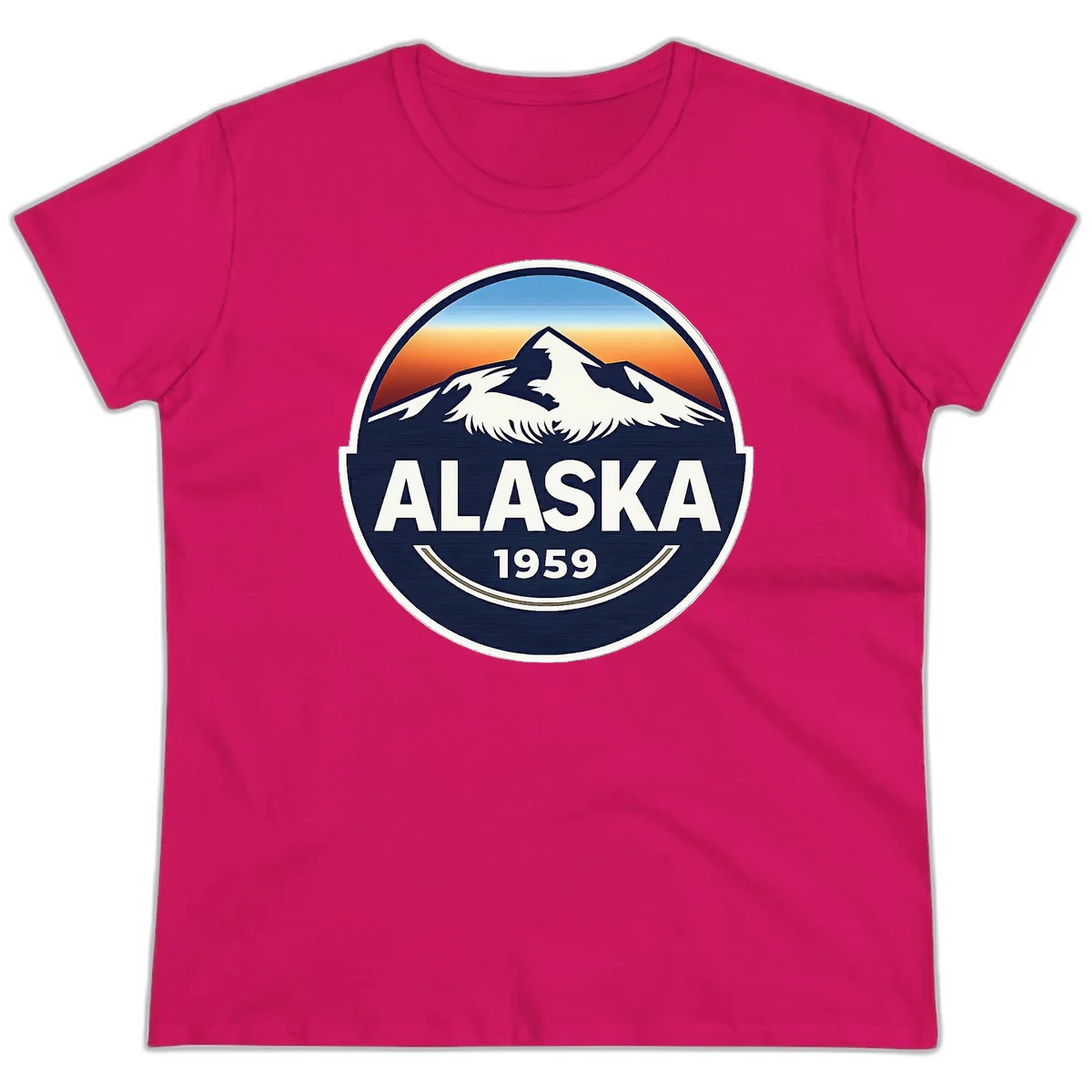 Alaska 1959 Mountain and Eagle Horizon Badge Ladies Tee in Heliconia