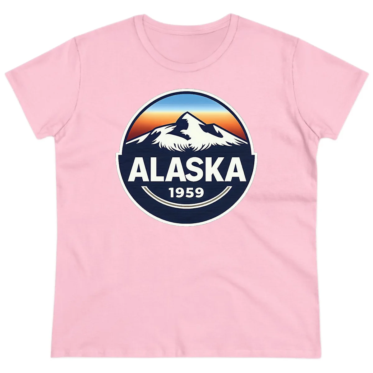 Alaska 1959 Mountain and Eagle Horizon Badge Ladies Tee in Light Pink