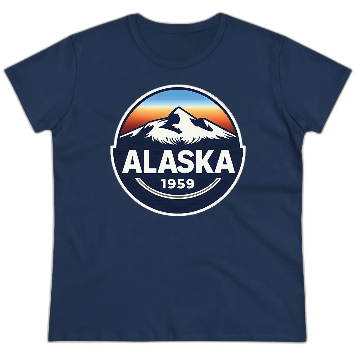 Alaska 1959 Mountain and Eagle Horizon Badge Ladies Tee in Navy