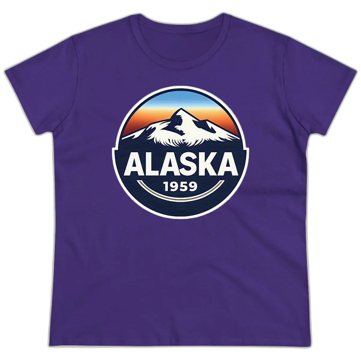 Alaska 1959 Mountain and Eagle Horizon Badge Ladies Tee in Purple