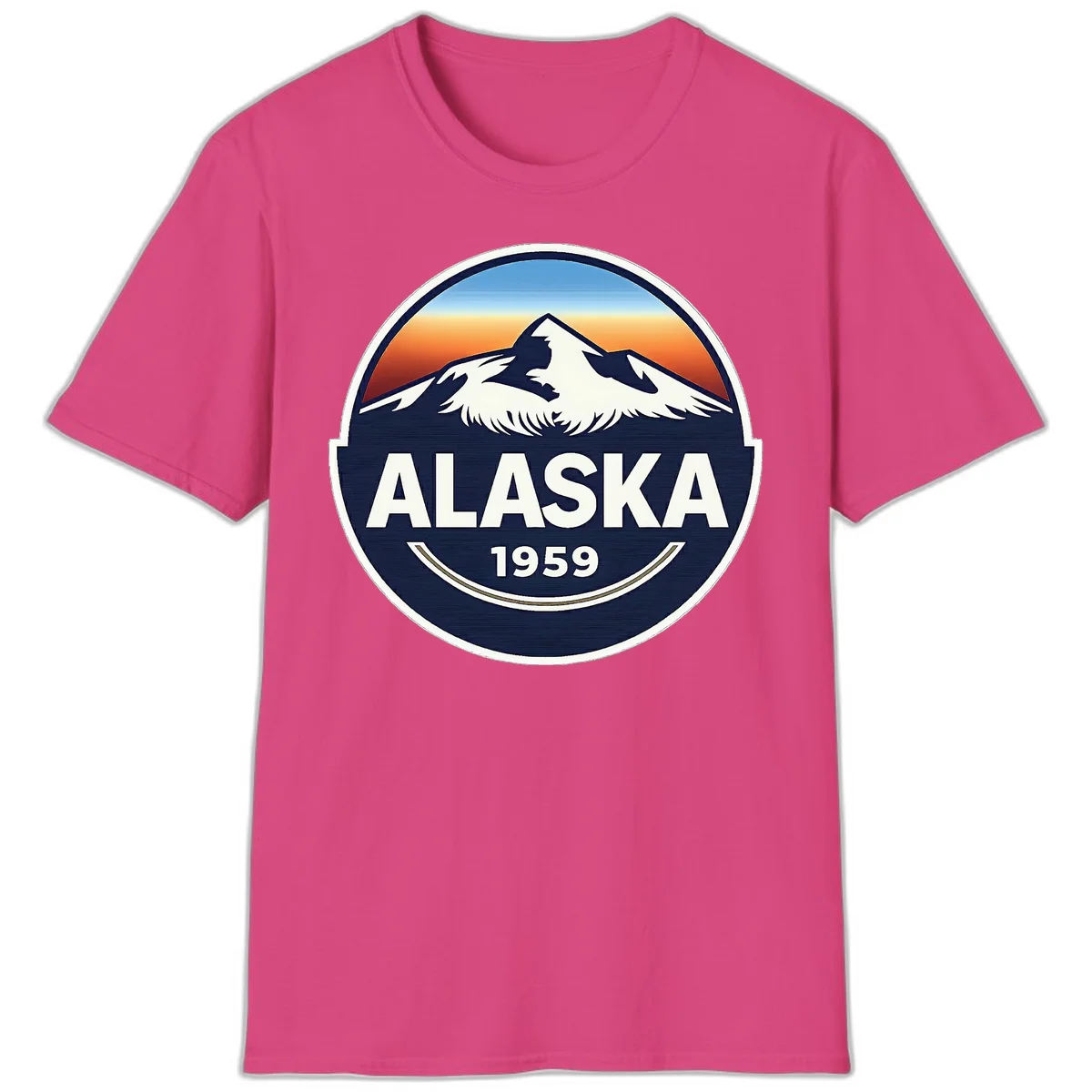 Alaska 1959 Mountain and Eagle Horizon Badge T-Shirt in Heliconia