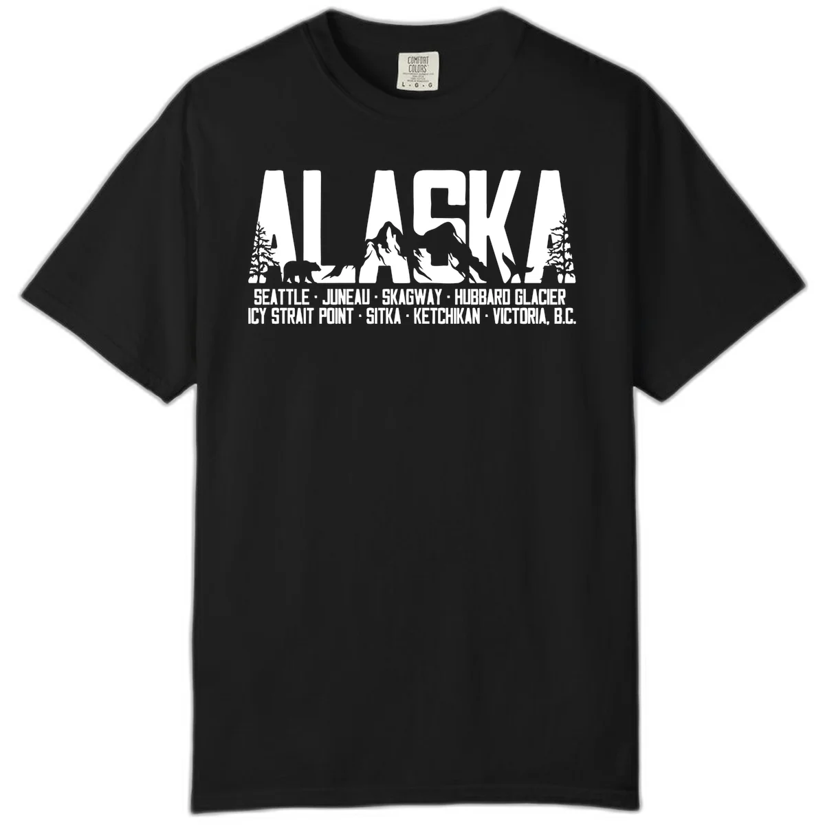 Scenic Alaska Cruise Ports and Itinerary Comfort Color Tee in Black