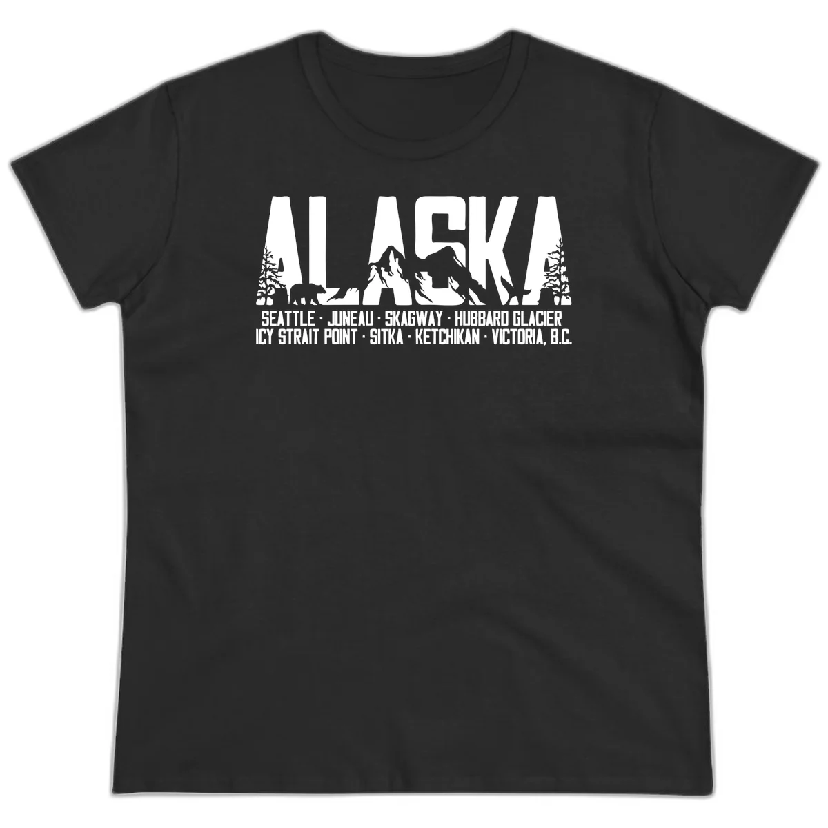 Scenic Alaska Cruise Ports and Itinerary Ladies Tee in Black
